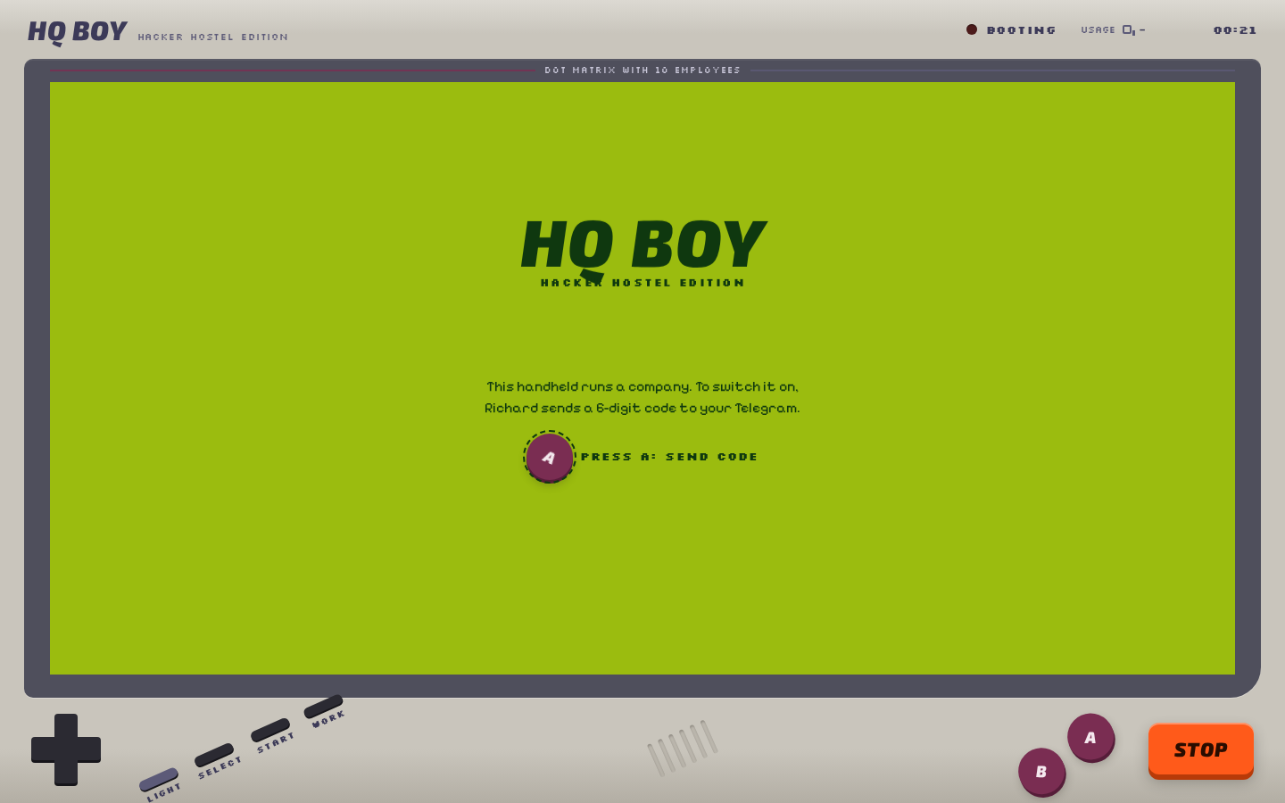 HQ Boy, the handheld-console-styled status app for HQ, showing its login screen and a note that it runs a company with 10 employees