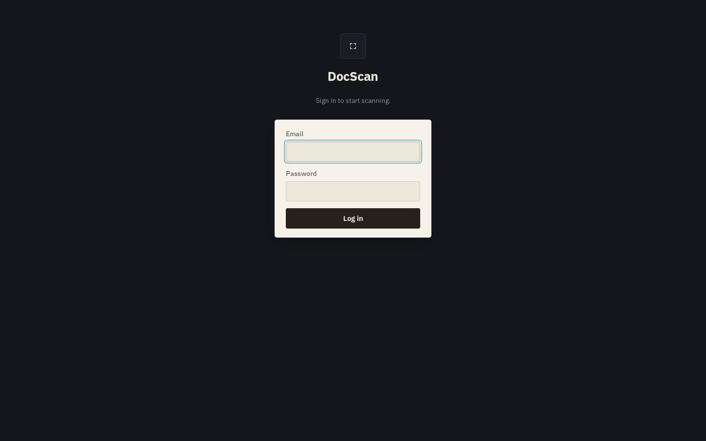 DocScan's sign-in screen on a dark background, with the app name and a 'sign in to start scanning' prompt