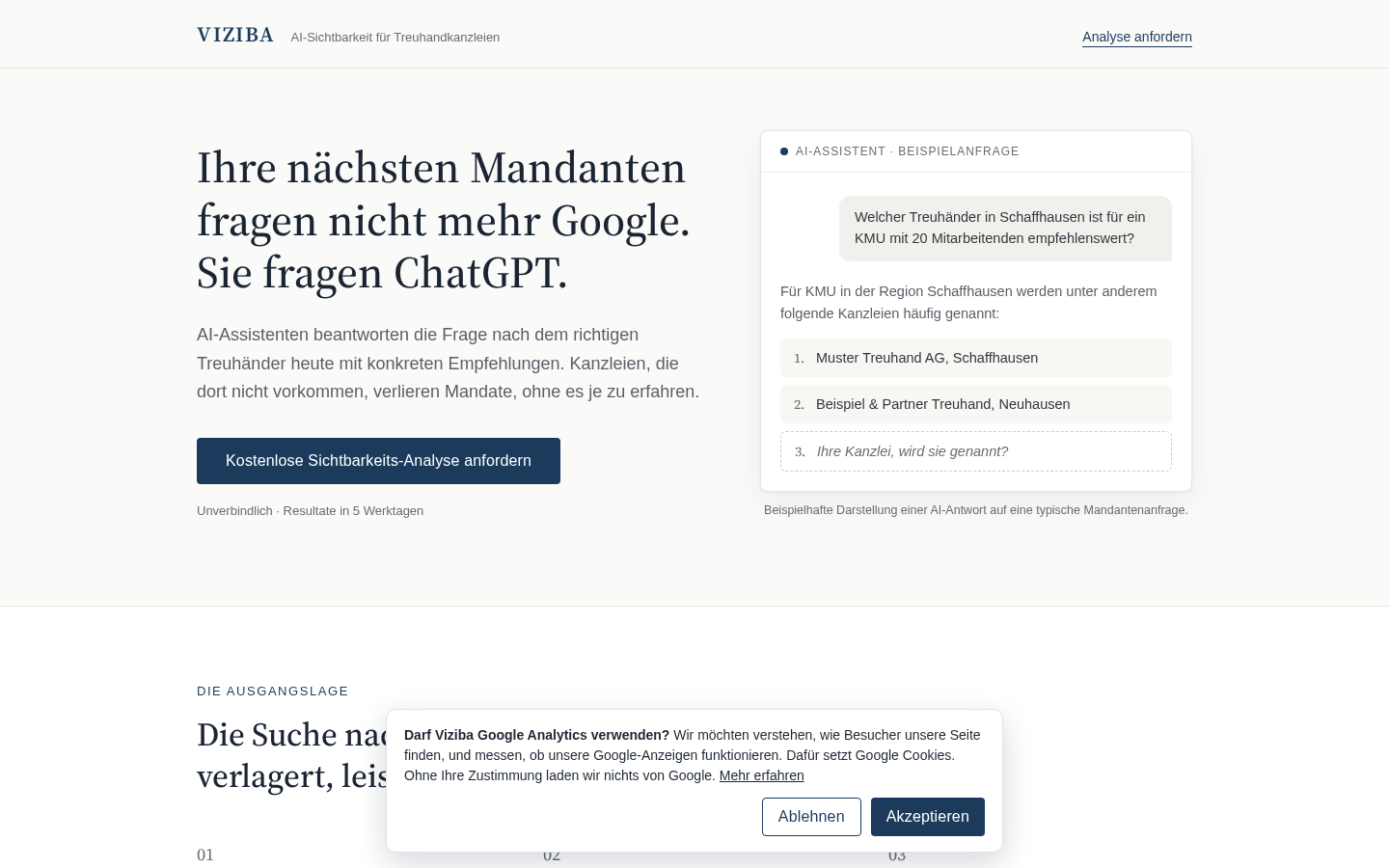 Viziba's homepage: a headline about AI assistants answering client questions, an example AI chat recommending Treuhand firms, and a call to request a free visibility analysis